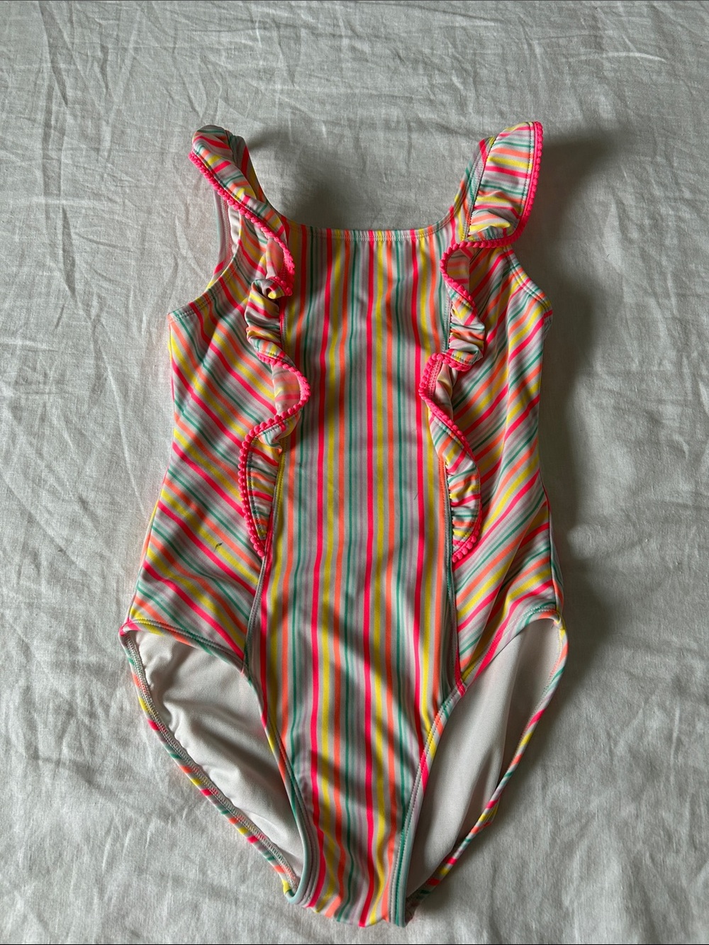 Cat & Jack Neon Multicolor Stripe Ruffle One-Piece Swimsuit, Sz.XL(14/16)